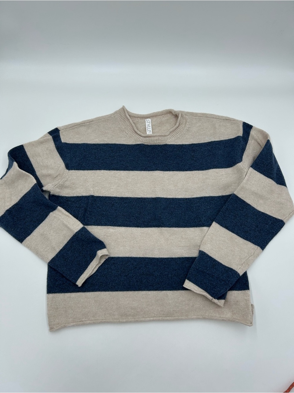 STYLUS Navy and Beige Wool Blend Striped Crewneck Sweater M